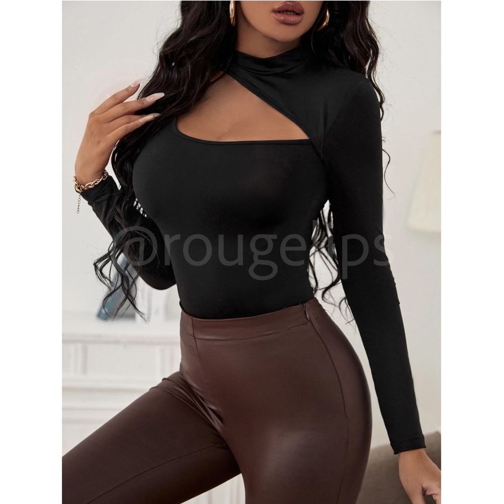Black Cut Out Asymmetrical Slim Fit Shirt Top Long Sleeve Mock Neck - Picture 4 of 6